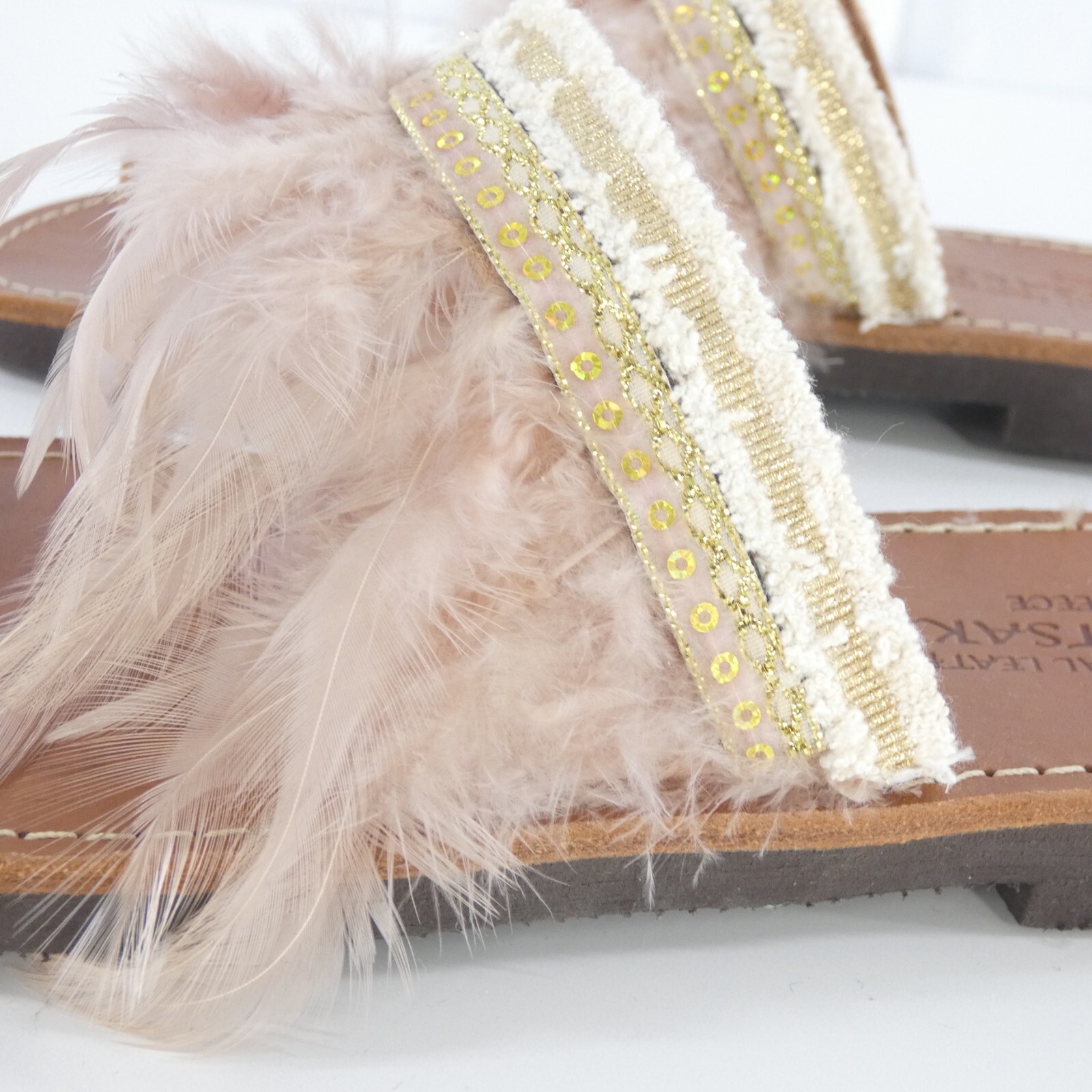 PANTOFOLA D’ORO Sandali greci fatti a mano in pelle piume impreziositi oro rosa bohemien US 8 UK 6