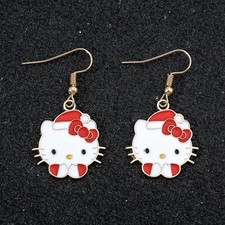 Hello Kitty Wearing A Santa Hat  Red Bow, Zinc Alloy Dangling Earrings