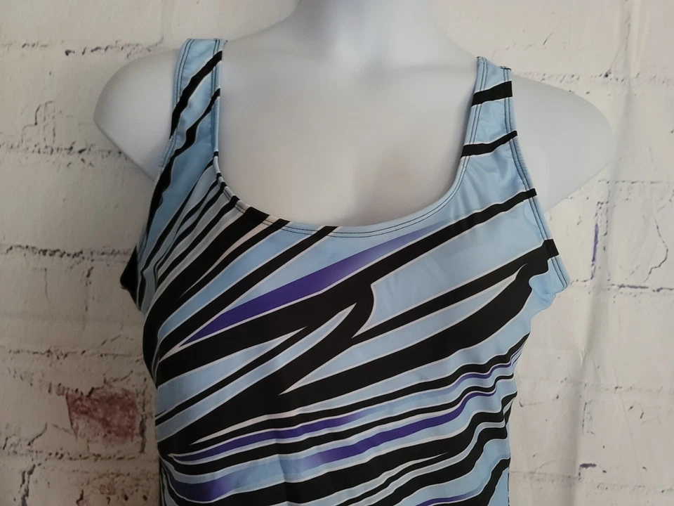 Nuevo traje de baño de una pieza con líneas onduladas azules talla grande 4XL correa ancha cuello redondo forrado Foto 3 de 4