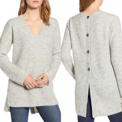 J. Crew Point Sur Gray Heathered Open Button Back V-Neck Sweater Size XXS