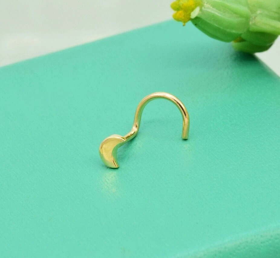 14k Solid Gold Moon Nose Stud Ring Tiny Half Moon Pin Screw Back Nose Piercings. - Image 3 of 4