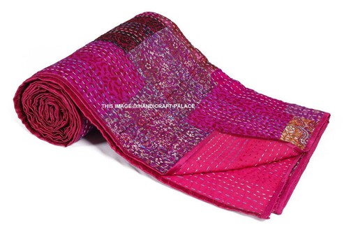 Vintage Seda Patchwork Kantha Colcha Manta Ropa de Cama Doble / Reina - Imagen 16 de 32