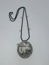 Kawaii Pop Resin White Pegasus on Silver Glittery Oval Pendant Necklace NWOT