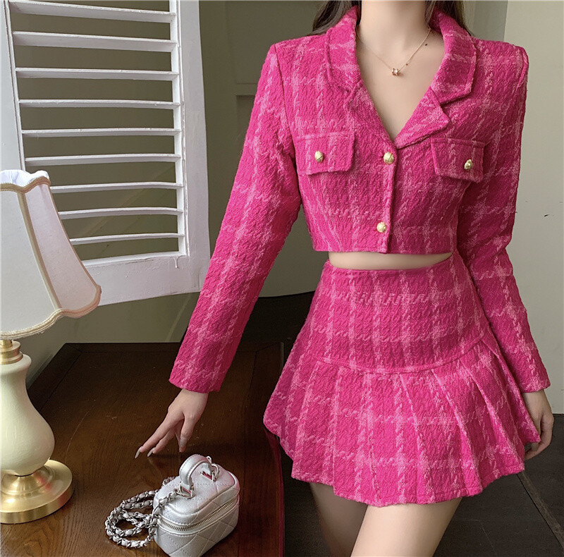 Women Sweet Piece Suits Woolen Short Jacket Top Coat Mini Skirts Sets