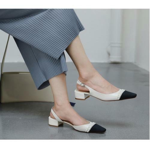 Women Classic Pearl Two Tone Leather Slingback Heels Square Toe Shoes  Formal