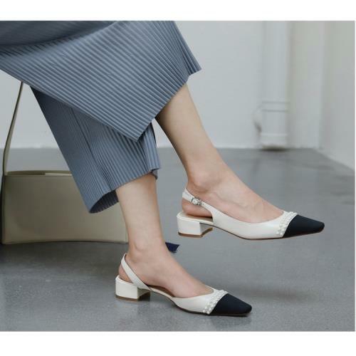 Leather Slingback Heels Square Toe 