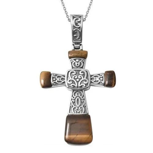 South African Yellow Tiger's Eye Inlay Cross Womens Pendant Necklace 20 in - Picture 6 of 6