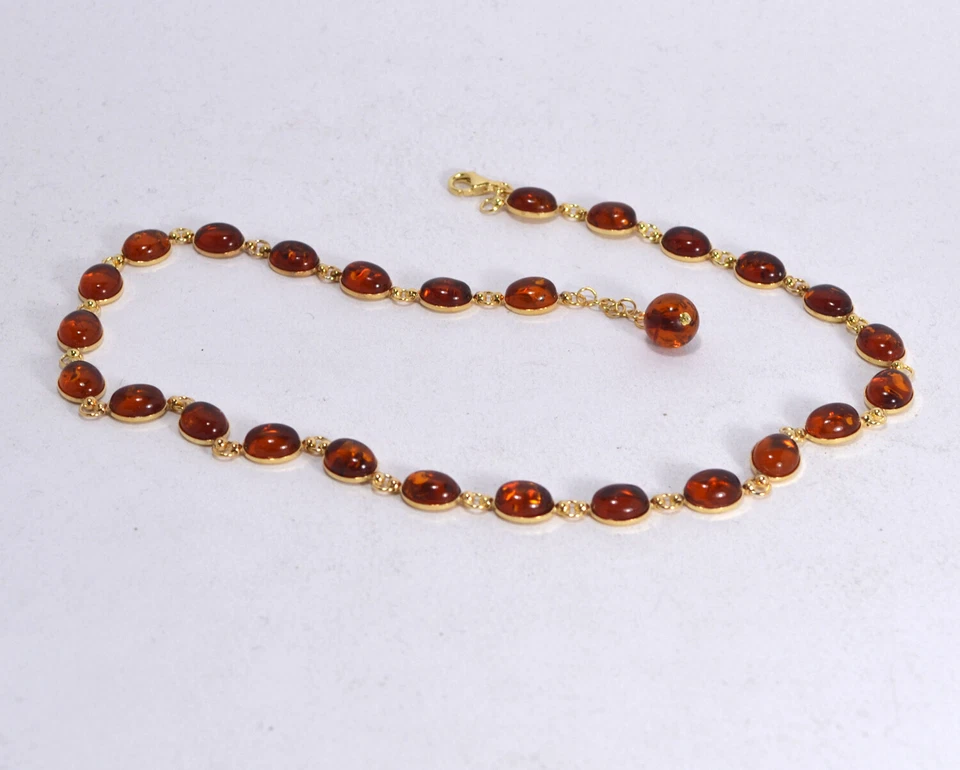 COLLANA  ARGENTO 925 DORATO CON CABOCHON AMBRA 8 x 10 mm               AGLN 0244 - Immagine 2 di 4