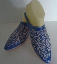  MOROCCAN LEATHER POINTED BACKLESS MULES / SLIPPERS * BLUE* 