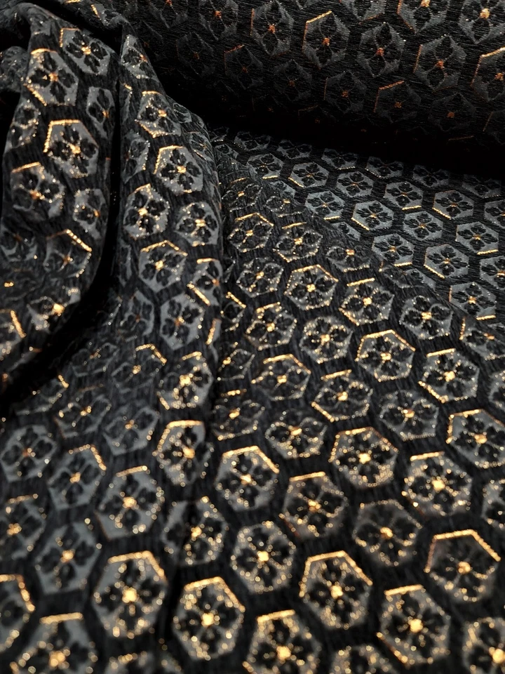 BLACK Metallic Gold Floral Brocade Fabric Sold By The Yard Dress Upholstery - Image 2 of 2