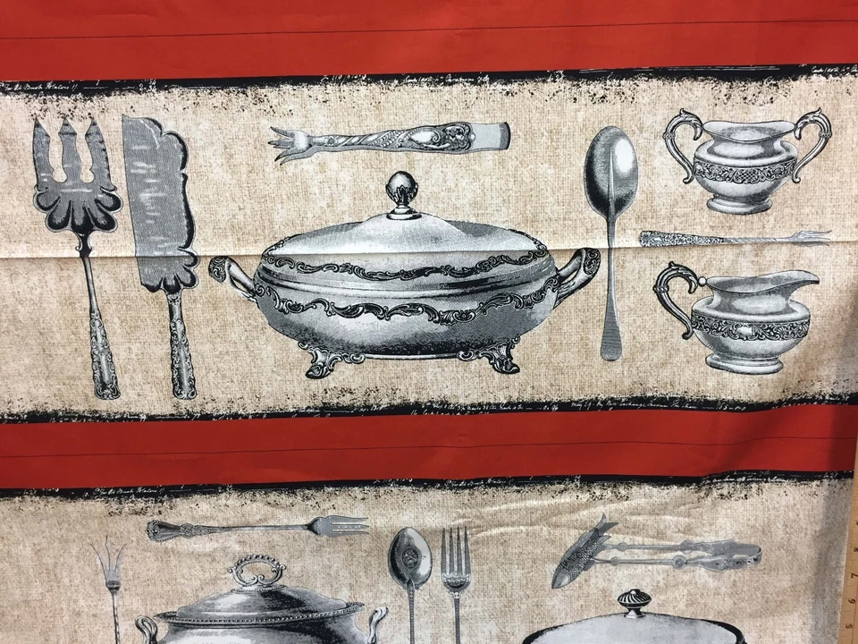 Bon Appetit Fabric Silverplate Dishes Red Tan Screen Print  8+ Yards Sewing  - Image 3 of 4