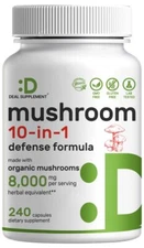 10-in-1 Organic Mushroom Supplement 8000mg - Lions Mane, Reishi - 240 Caps
