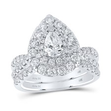 14kt White Gold Pear Diamond Halo Bridal Wedding Ring Band Set 1-1/2 Cttw