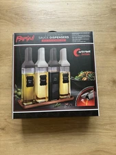 PARINI 4PC AUTO-POUR SAUCE  DISPENSERS WITH ACACIA WOOD TRAY New In Open Box