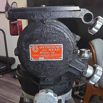 1970s O'Connor 50 Fluid Head, Sachtler Video 18 2 Stage Aluminum Adjustable Legs