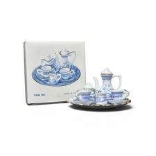 Vintage Miniature Porcelain Blue  White Tea Set Scalloped Tray Item P3D Taiwan