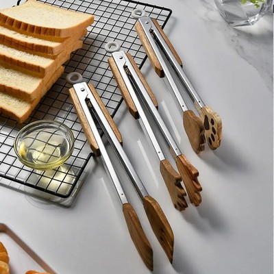 Cooking Kitchen Tongs Food BBQ Tool Salad Bacon Steak Bread Cake Wooden Thickene
