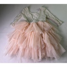 2BUNNIES Peony Pink Lace Back Tiered Tutu Tulle Flower Girl Dress Boho 3T