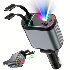4 in 1 Retractable Fast Car Charger with Starlight 66W USB C for iPhone Android