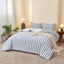 Striped Seersucker Bedding Comforter Fluffy Blue Grey White Queen Comforter Set