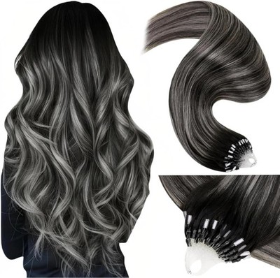 LaaVoo Micro Ring Haarverlängerung Echthaar Schwarz Remy Straight Balayage
