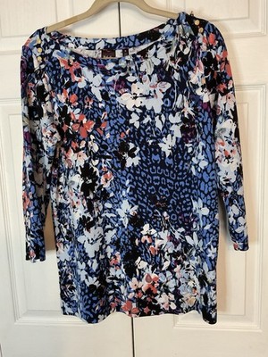 Rafaella Blue Abstract Floral 3/4 Sleeve Top Shirt Blouse 100% Cotton Medium
