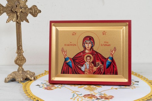 Virgen María - Icono Platytera de los Cielos Hecho a Mano en Lienzo de Seda Dorado. - Imagen 5 de 10