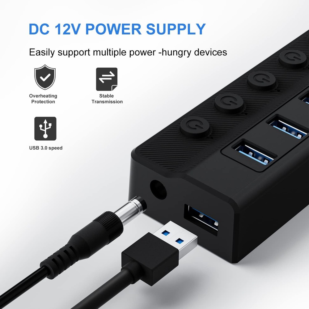 Powered USB Hub 3.0, 10-Port USB Splitter Hub with Individual On/Off Switches an