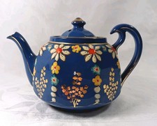 Vintage English Floral Teapot Blue Hand Painted Art Pottery Retro Kitchen Decor
