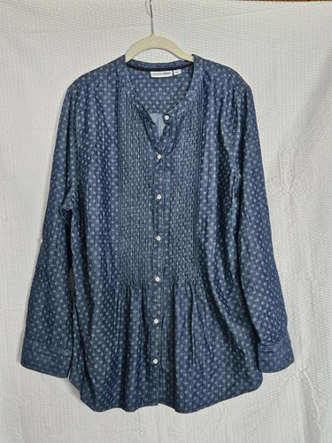 Damen 2X St. John's Bay Roll-Riegelärmel Knopfleiste Bluse blau & weiß NEU - Bild 3 von 15