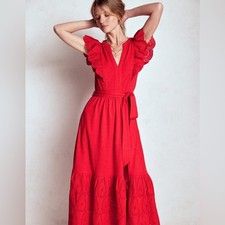 Boden Ruffle Detail Tier Midi Dress Red Flutter Sleeve Eyelet Lace Sz 14 NWT