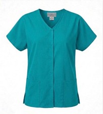 Short Sleeve V-Neck Snap Front Scrubs Top w/ 3 Pockets Side Vents - 14106