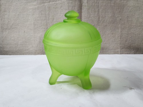 VTG Taussaunt Satin Green Uranium / Vaseline Footed Greek Key Lidded Powder Jar - Picture 3 of 10