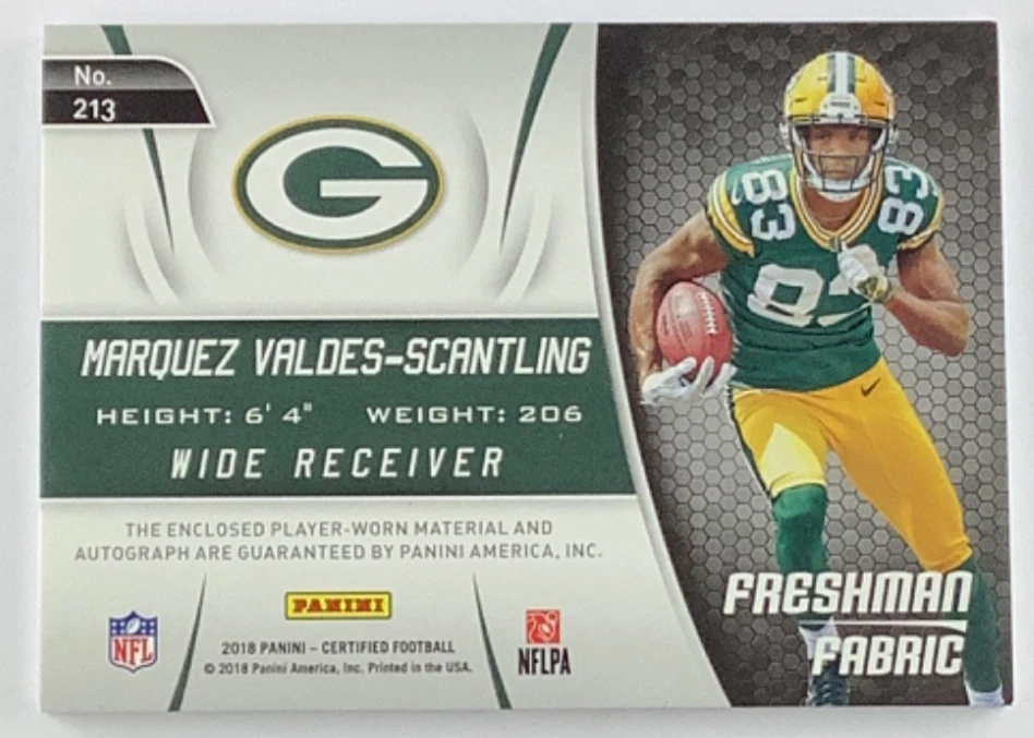 2018 Panini Certified Freshman Fabric Signatures Marquez Valdes-Scantling  /10 - Image 3 of 3