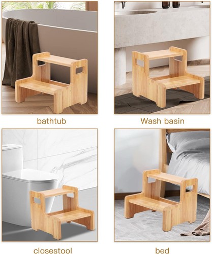 Wooden 2 Step Stool with Handles Super Sturdy Stairs for Kitchen and Bathroom - Picture 2 of 7