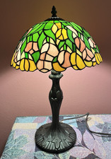 Tiffany Style Stained Glass Floral Dome Shade Table Lamp Green Pink