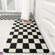 Beige & Black Checkered Kitchen Rug Set [2 Pieces] - Anti-Fatigue, Non-Slip Mats