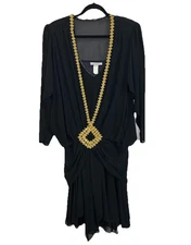 VTG Casadei Black & Gold Embellished Long Sleeve Midi Dress Large Flapper Style