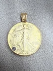 Gold Plated 1944 US Walking Liberty Half Dollar Pendant Necklace with Rhinestone