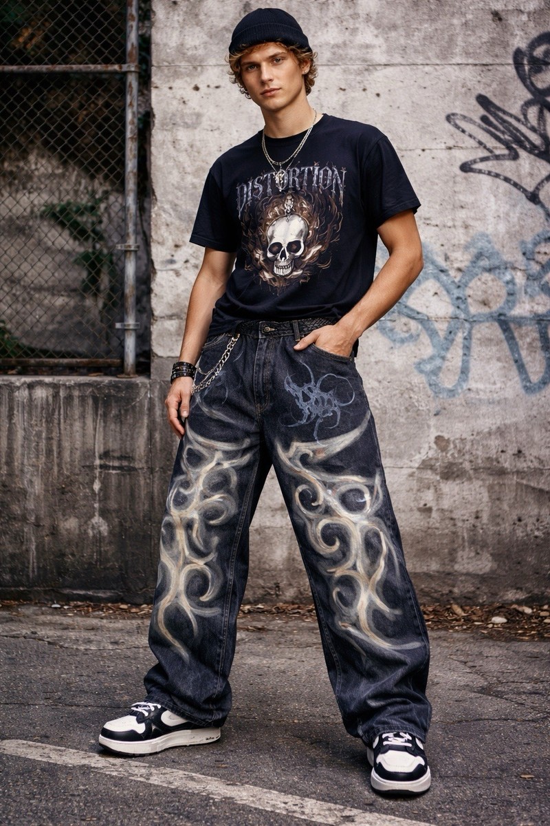 パンツ 2000's archive dark wear grunge denim Y2K Hand Painted Tribal Gothic Jeans 42 Relaxed Fit Skateboard