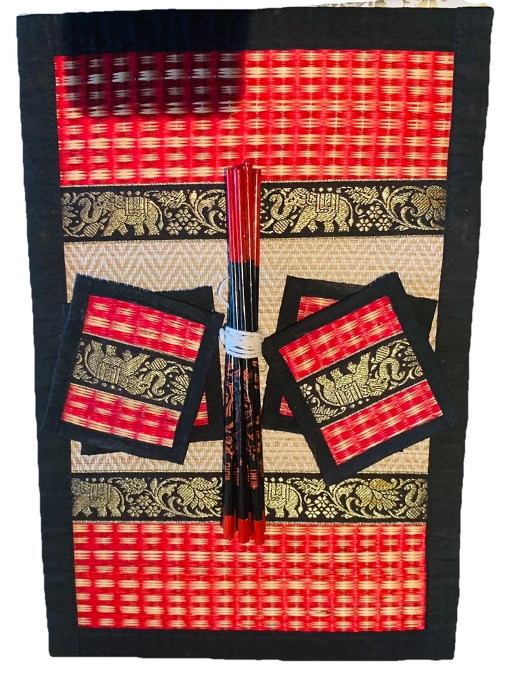 Traditional Thai Elephant Dining Set –1 Placemat, 4 Coasters, 4 Sets Chopsticks - Image 4 of 4