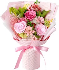 Preserved Flowers Bouquet with Vase Pink Real Roses, Last 1-3 Years Forever Rose