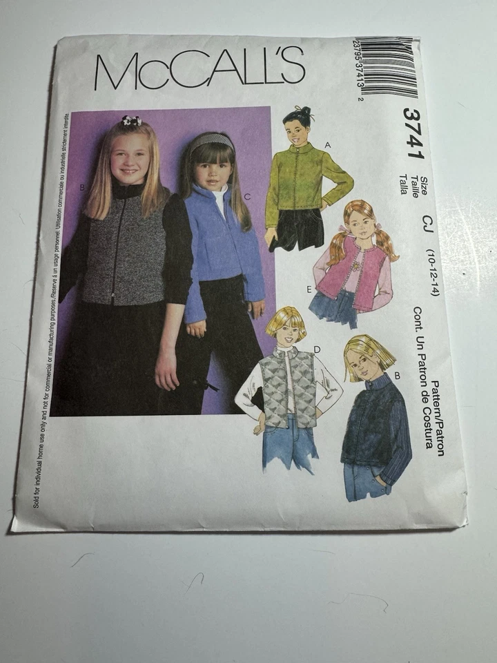 McCall’s Sewing Pattern 3741 Children And Girls Jackets And Vests Uncut SZ 10-14 - Image 2 of 4