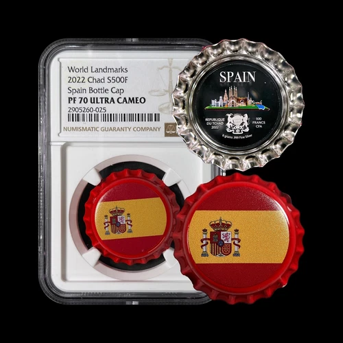 Chad. 2022, 500 Francs, Silver - NGC PF70 - Top Pop 🥇 Bottle Cap, Spain 25