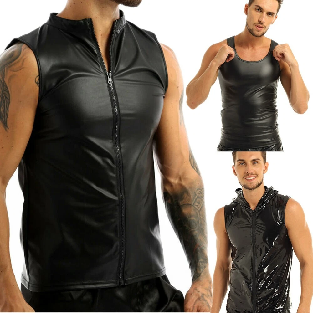 Men s Faux Leather Sleeveless Slim Tank Vest Top Shirt Muscle T shirt Undershirt