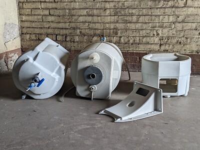 Lot of 2 Millipore TANKPE060 60-liter polyethylene tanks w/ 1 stand as pictured