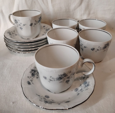 JOHANN HAVILAND Blue Garland Footed Teacup Saucers Bavaria Germany Set Of 