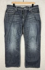 BKE Jeans Mens 36 Tyler Blue Button Fly Straight Leg Washed Out Faded Stitching