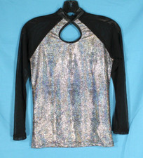 LIBERTS DANCE Silver Hologram Sparkle BLACK MESH SLEEVES Keyhole Top SA S ADULT