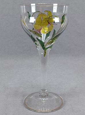 Theresienthal / Meyrs Neffe Hand Enameled Yellow Lily Flower & Gold Wine Glass B